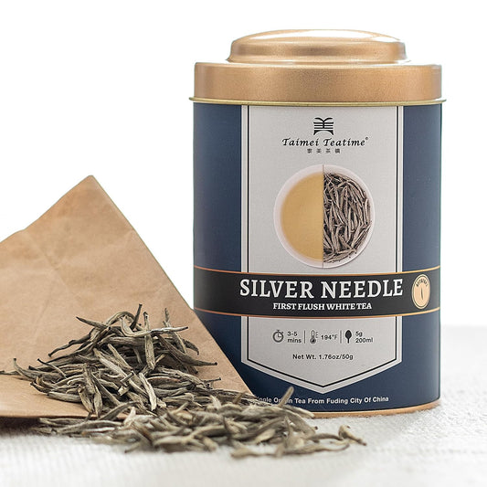 Taimei Teatime Royal Grade Silver Needle White Tea Loose Leaf-1.76oz | Chinese Fuding - Bai Hao Yin Zhen Tea, Low Caffeine, High Antioxidant, Perfect for Hot or Iced Tea