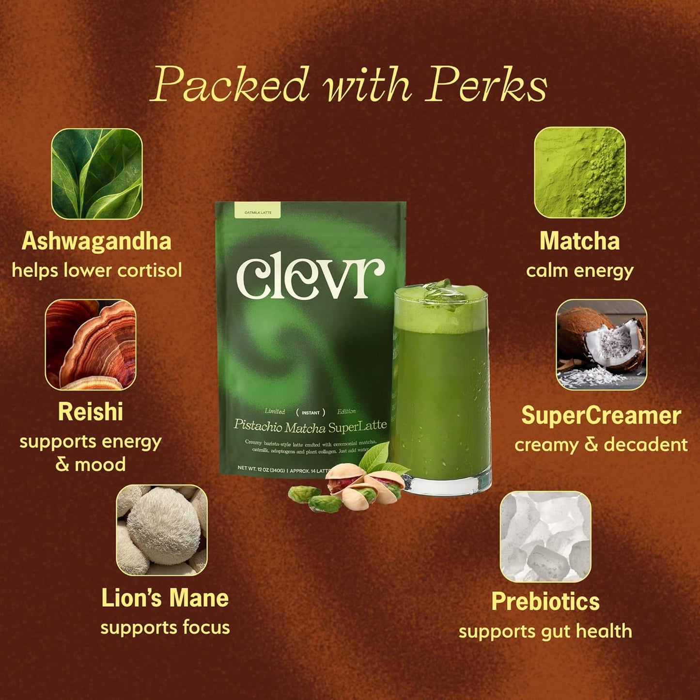 Clevr Pistachio Matcha SuperLatte, Organic Ceremonial Grade, Instant Superfood Powder Blend with Lions Mane, Reishi Mushroom, Coconut Cream, Ashwagandha, Serve Hot or Iced (14 Lattes)