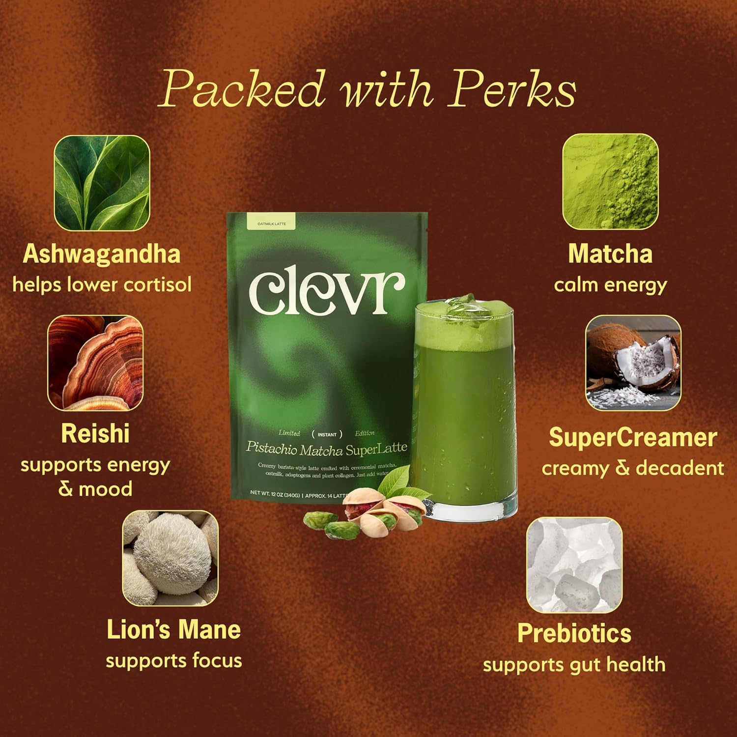Clevr Pistachio Matcha SuperLatte, Organic Ceremonial Grade, Instant Superfood Powder Blend with Lions Mane, Reishi Mushroom, Coconut Cream, Ashwagandha, Serve Hot or Iced (14 Lattes)