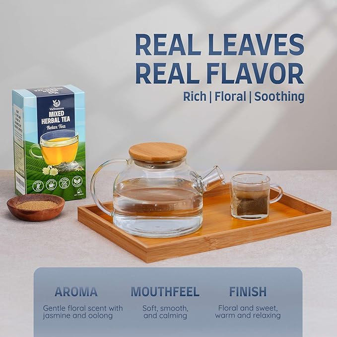 VieTreasures Relax Herbal Tea with Jasmine Oolong – 2.8oz (40 Tea Bags) | Tieguanyin Base with Ampelopsis, Passionflower & Honeysuckle | Jasmine Infusion, Caffeine-Free, Relax & Digestive Support