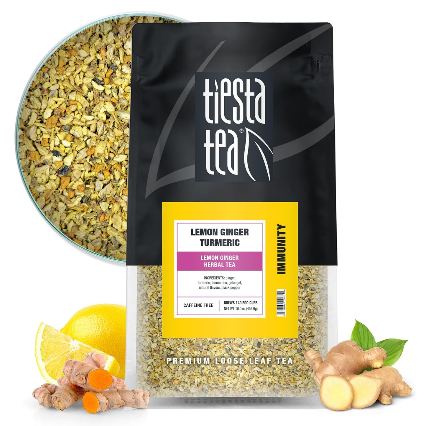 Tiesta Tea - Lemon Ginger Turmeric, Loose Leaf, Lemon Ginger Herbal Tea | Premium Non-Caffeinated Herbal Blend, Make Hot or Iced &amp; Brews Up to 200 Cups, 16 Ounce Resealable Bulk Pouch
