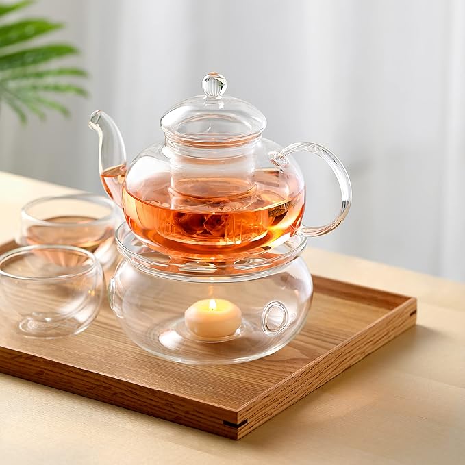 Cnglass Glass Teapot Stovetop Safe,Clear Teapot with Removable Infuser 20.3 oz,Loose Leaf and Blooming Tea Maker