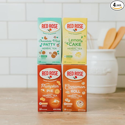 Red Rose Sweet Temptations Dessert Tea Variety Pack Fall Flavors, Zero Sugar, Caffeine-Free Flavored Delicious Beverage Herbal Tea, 18 Count Pack of 4 Fruit Naturally Flavored Black Tea