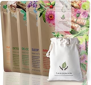 Gardenika Organic Loose Leaf Tea Sampler - Herbal Caffeine-Free Set - Ayurvedic Blend, KSA Kosher, No Natural or Artificial Flavors (5 Pack)