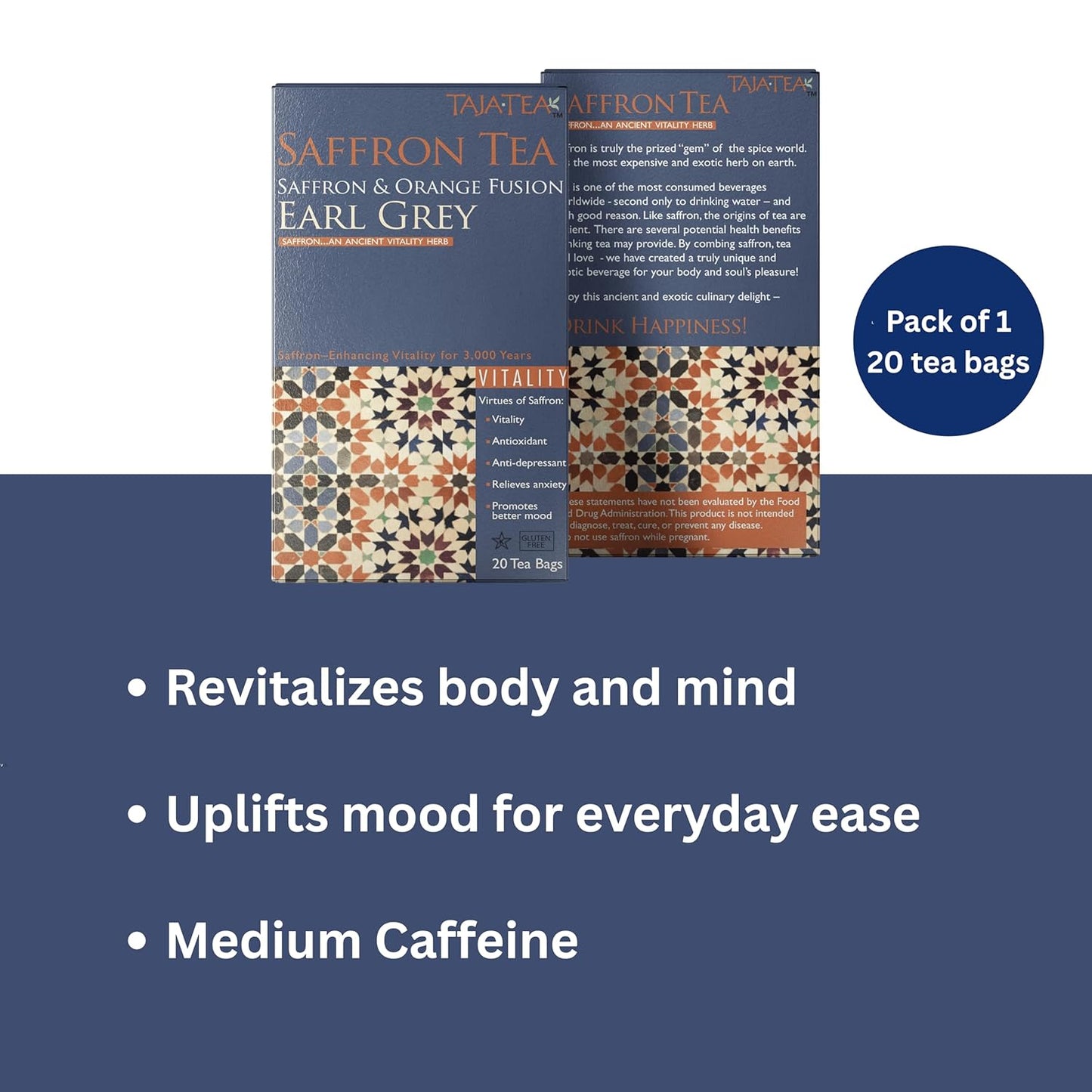 Taja Saffron Tea - Saffron & Orange Fusion Earl Grey, Emotional Wellness, Calm Focus, Antioxidant Vitality Blend, Caffeinated | Gluten Free | Kosher, 20 Tea Bags