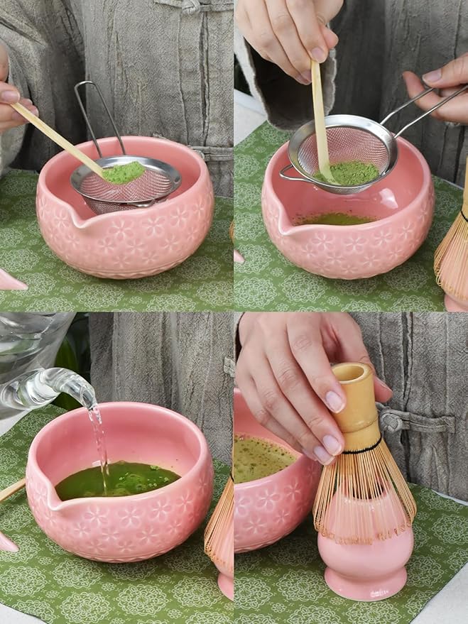 Artcome Matcha Tea Set – Pink Sakura Embossed Ceramic Bowl 17oz with Bamboo Whisk, Whisk Holder, Strainer, Scoop, Tea Spoon, Cloth