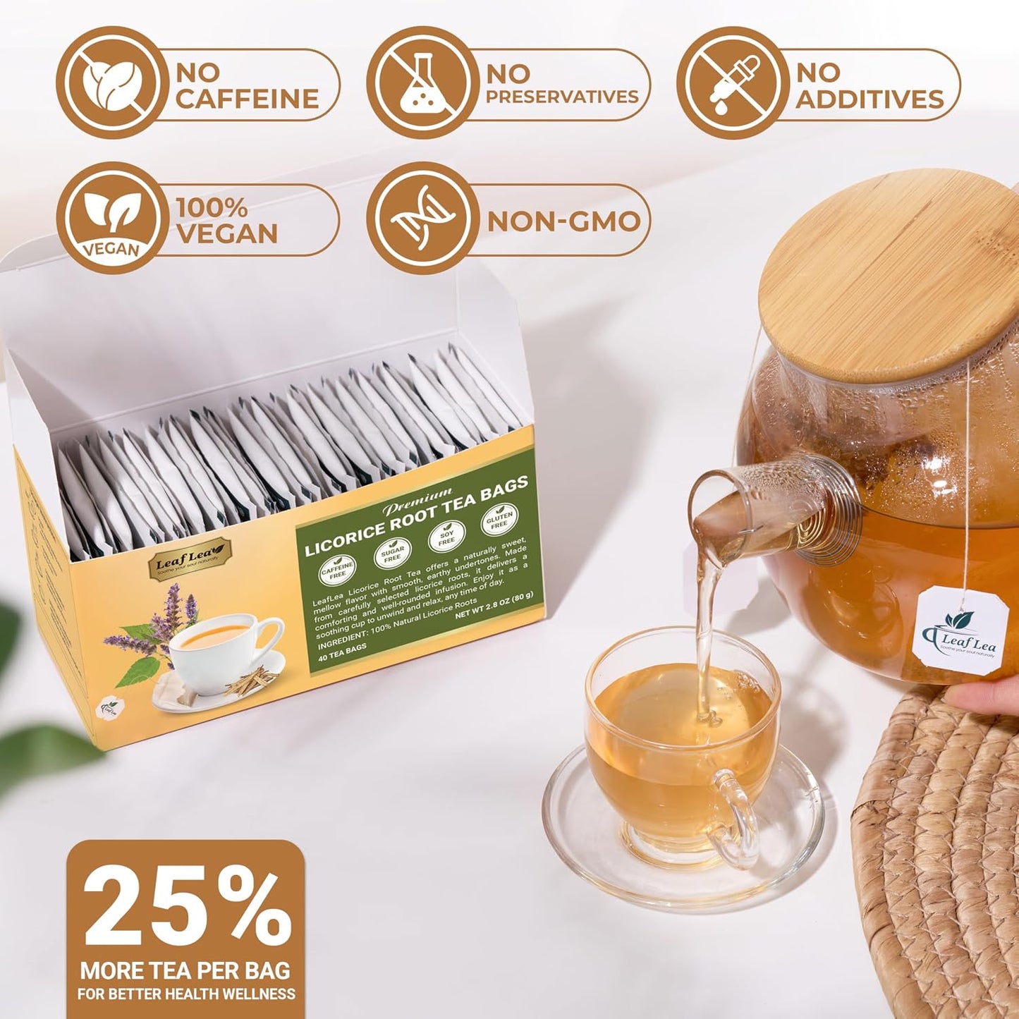 LeafLea Licorice Root Tea Bags, Caffeine-Free Naturally Sweet, 40 Count | Pure Egyptian Licorice Spice, Single Ingredient, Sugar-Free &amp; Vegan, Foil-Wrapped for Lasting Freshness