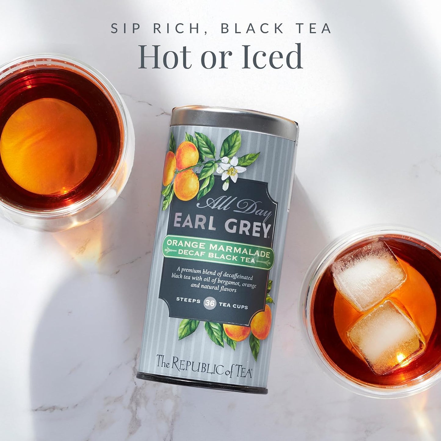 The Republic of Tea Decaf Orange Marmalade Black Tea, 36 Count | Decaffeinated. All Day Earl Grey collection. Notes of bright bergamot and lively citrus. Gluten Free.