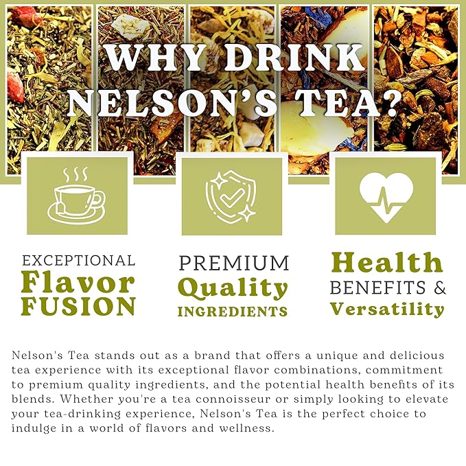 Nelson's Tea Favorites Sampler Pack - Caffeine Free - Loose Leaf Tea Sampler - A&J's Root Beer, Banana Nut Bread, Chamomile Honey Vanilla, Lemon Ginger Honey, Peach Dream - Samples Sizes