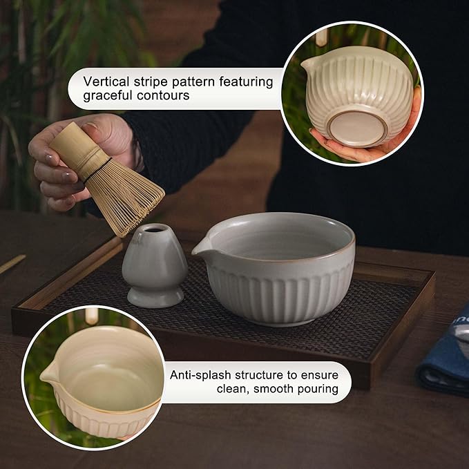 Matcha Whisk Set, Japanese Tea Ceremony Kit, 18oz Spout Bowl, Bamboo Whisk Scoop, Ceramic Holder Sifter Towel,7 pcs Matcha Tea Kit for Matcha Lovers