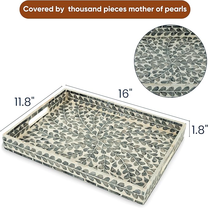 CLAYNIX Serving Tray 15.7" X11.8", Lacquer Mother of Pearl Inlay Mosaic Tray, Rectangle Wooden Marble Tray with Handles Trays for Tea, Breakfast in Bed, Table (Black Leaf)