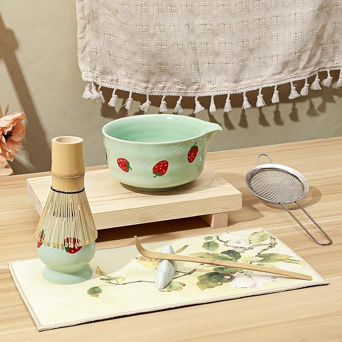 Koythin 7-Piece Ceramic Matcha Whisk Set, Adorable Strawberry Bowls Set with Whisk Holder Scoop Towel, Aesthetic Matcha Bowl Set for Ceremony (Blue-Green)