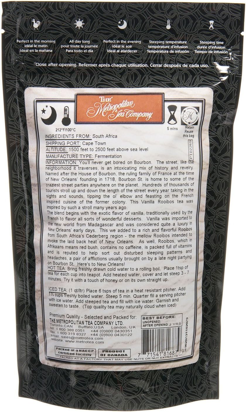 Metropolitan Tea Discovery Loose Tea Pack Bourbon Street Vanilla Flavored Rooibos 100gm Makes 30 - 45 Cups