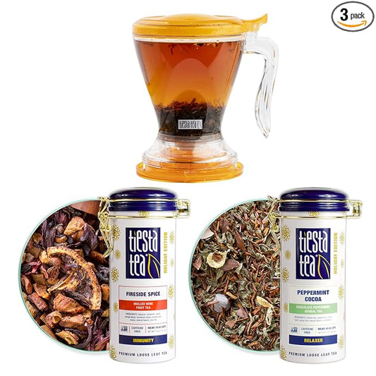 Tiesta Tea - Brewmaster and Cozy Fireside Tea Gift Set, Non-Caffeinated Loose Leaf Holiday Tea Blends with Infuser, Includes 16oz Tea Infuser & 2 Refillable Tins, Fireside Spice & Peppermint Cocoa