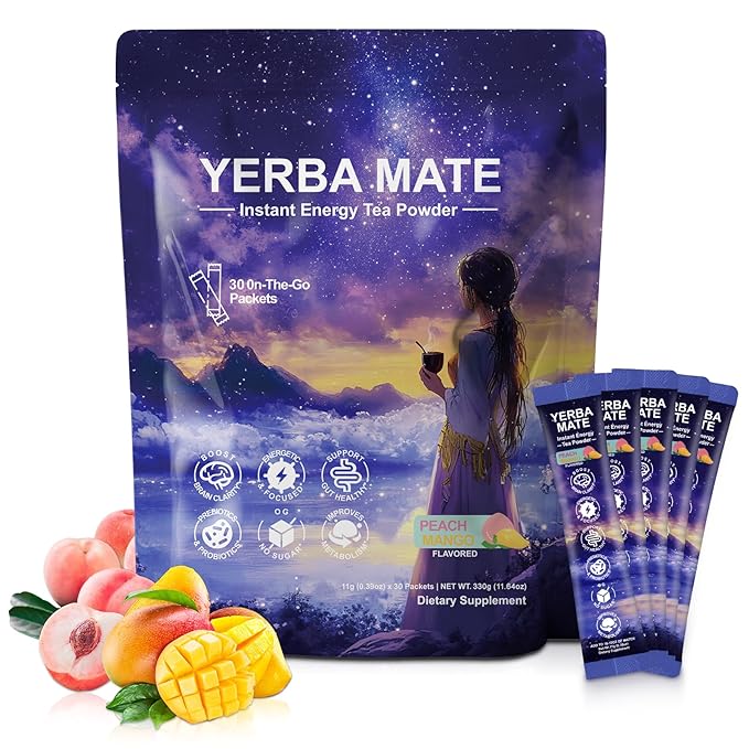 Mosslly Yerba Mate Instant Tea Powder, Concentration, Gut Health, Metabolism, Loaded with Prebiotics & Probiotics, Natural Caffeine, No Sugar Peach Mango Flavor, 30 Servings