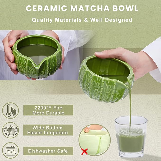 Matcha Whisk Set, Cactus Light Green Ceramic Matcha Set Includes Matcha Bowl, Matcha Whisk (Chasen) and Holder, Sifter, Bamboo Scoop & Spoon