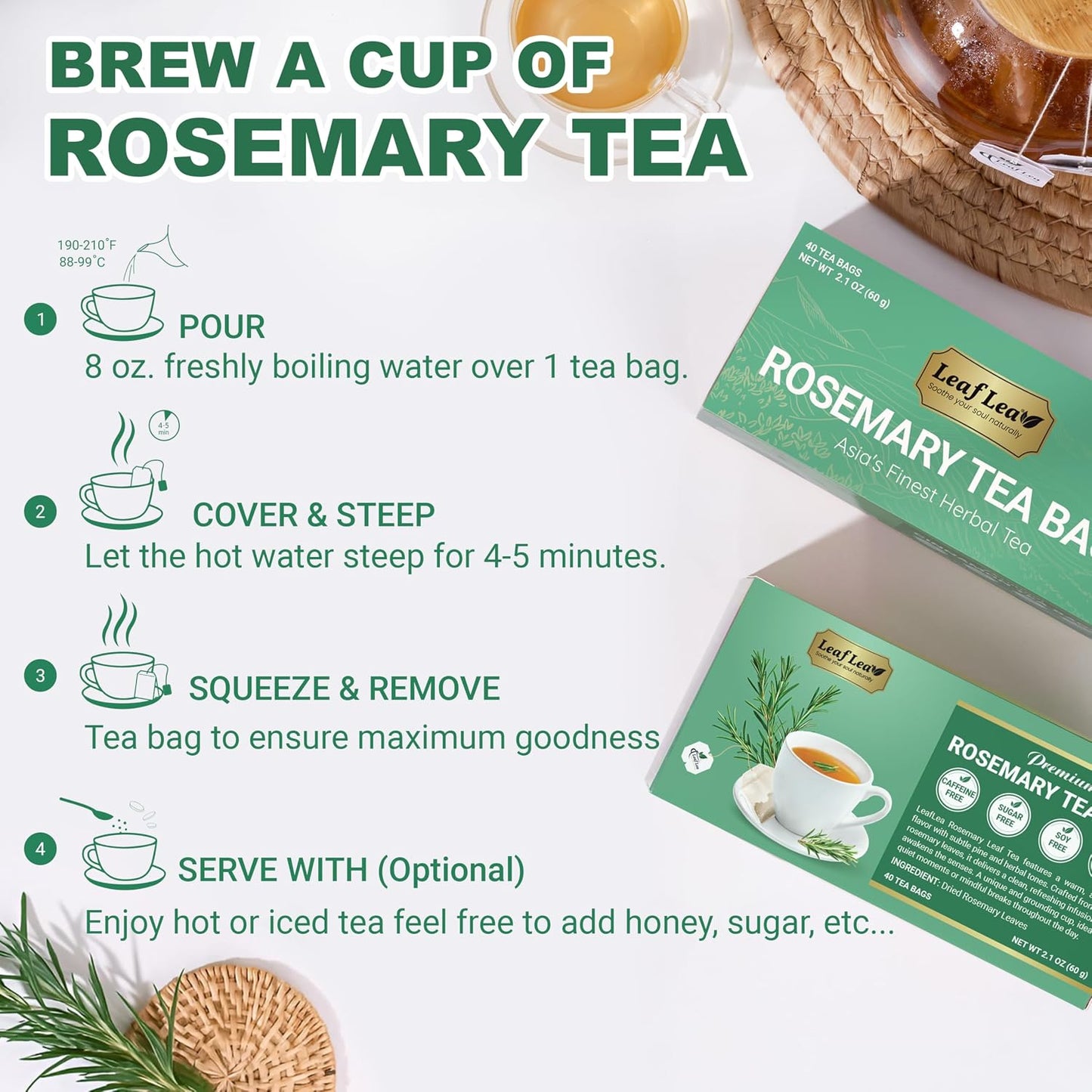 LeafLea Rosemary Tea Bags, Single-Ingredient Rosemary Leaf Tea, 80 Count