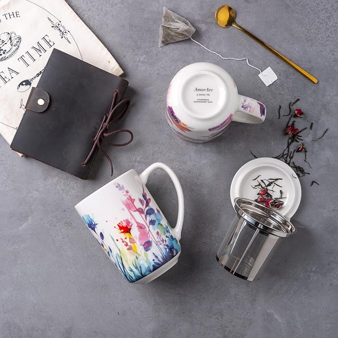 AmorArc Porcelain Tea Mug with Infuser and Lids, 18 Oz Large Cup Strainer with Bag Holder for Loose Leaf Tea