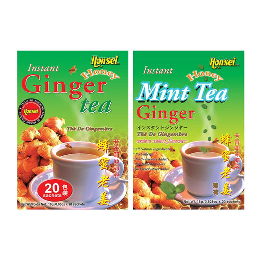 Honsei Instant Ginger Honey and Ginger Mint Tea Set, 20 Sachets Each Flavor (Honey Ginger & Ginger Mint Tea)