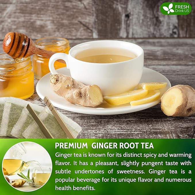 FreshDrinkUS, 120 Ginger Tea Bags, 100% Natural & Pure. Ginger Herbal Tea. No Sugar, No Caffeine, No Gluten, Vegan.
