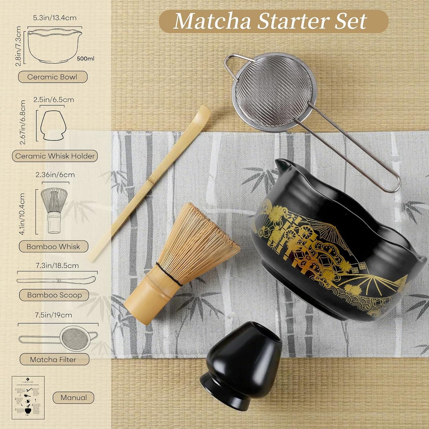 Japanese Matcha Whisk Set, 5-Piece Ceremonial Matcha Kit for Beginner | matcha set whisk and bowl, chasen and chawan, Matcha Tool Accessories Gift Set for Women Friends