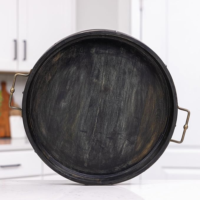 20” Large Round Ottoman Tray, Distressed Black Mango Wood, Rustic Farmhouse Style with Antique Brass Handles & Accent Strap, Large Coffee Table Tray for Tea, Breakfast in Bed, Living Room