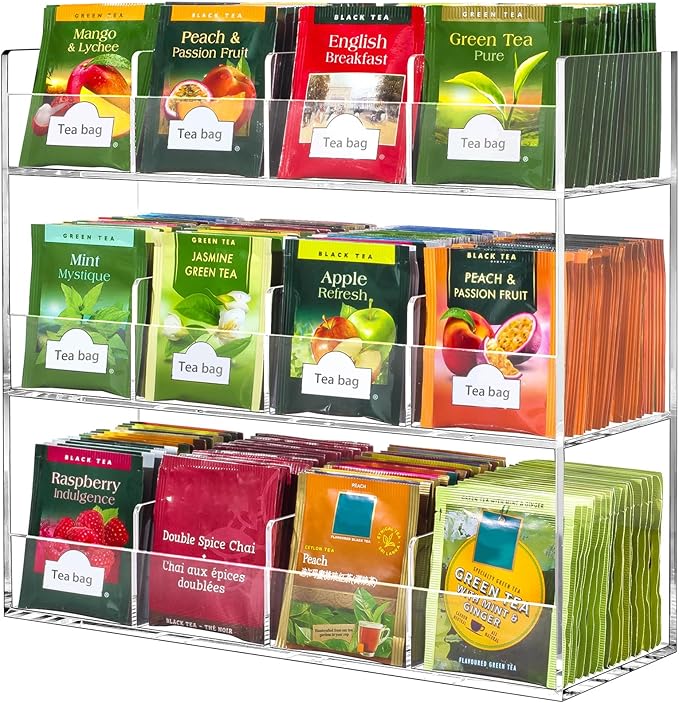 Beygorm Acrylic Tea Bag Organizer for 216 Tea Packets, No Assembly Required, Display Holder for Countertop or Cabinet