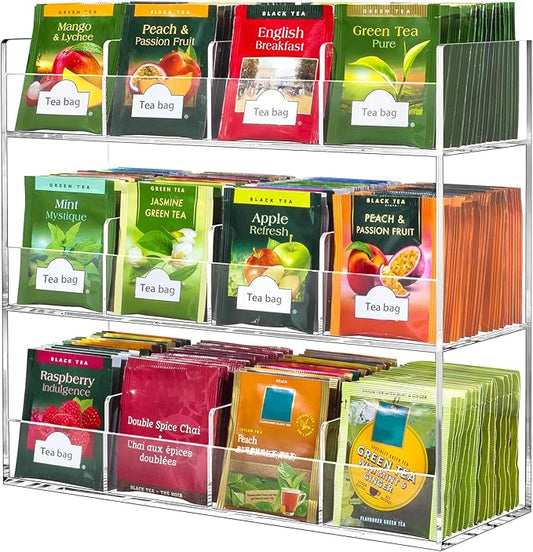 Beygorm Acrylic Tea Bag Organizer for 216 Tea Packets, No Assembly Required, Display Holder for Countertop or Cabinet