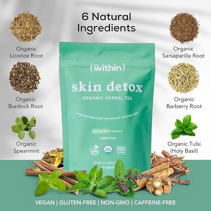Clear Within Skin Detox Tea – 6 Natural Ingredients for Glowing Skin, Supports Digestion & Gut Health, Promotes Relaxation, Detoxifies Naturally