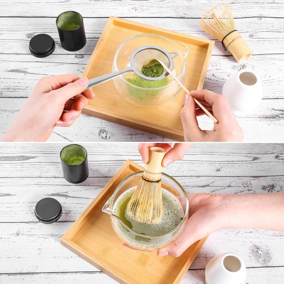 ZENRC Textured Glass Matcha Bowl With Pouring Spout - Handmade Japanese Style Matcha Green Tea Ceremony Chawan 400ml 13.5 oz