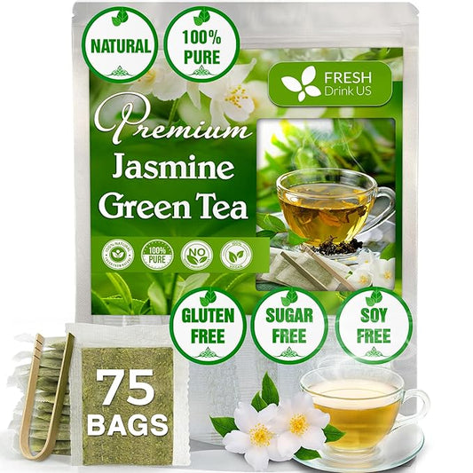 FreshDrinkUS, Premium 75 Jasmine Green Tea Bags. Natural & Pure. Herbal, Vegan. No Sugar, No Gluten. Made with Natural Material Tea Bags.