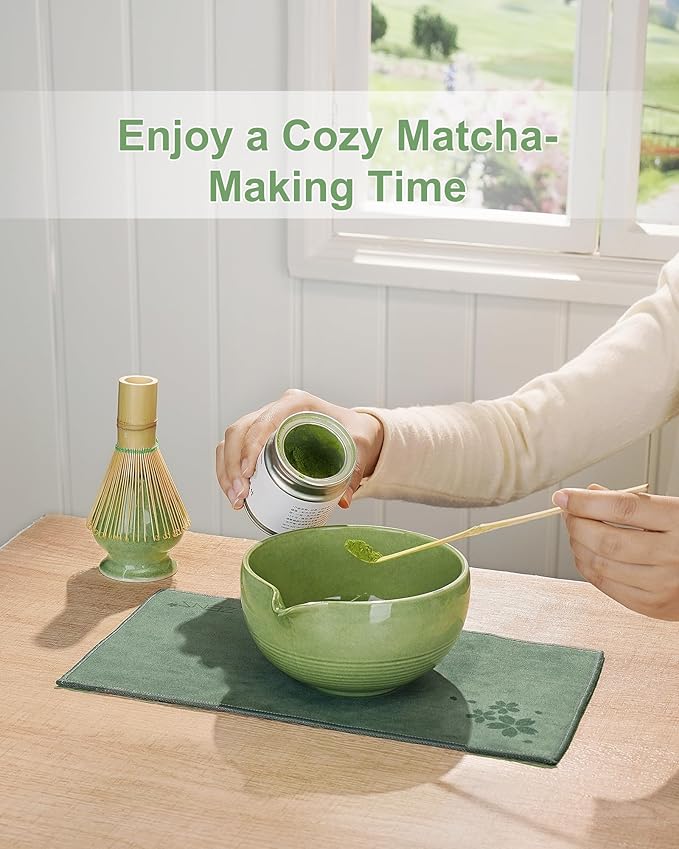 ZENS Matcha Whisk Set, 5pcs Matcha Kit Set Includes Emerald Green Bowl, Handcrafted Bamboo Whisk and Chasen Holder, Scoop & Tea Mat, Matcha Tea Ceremony Gift for Matcha Lovers