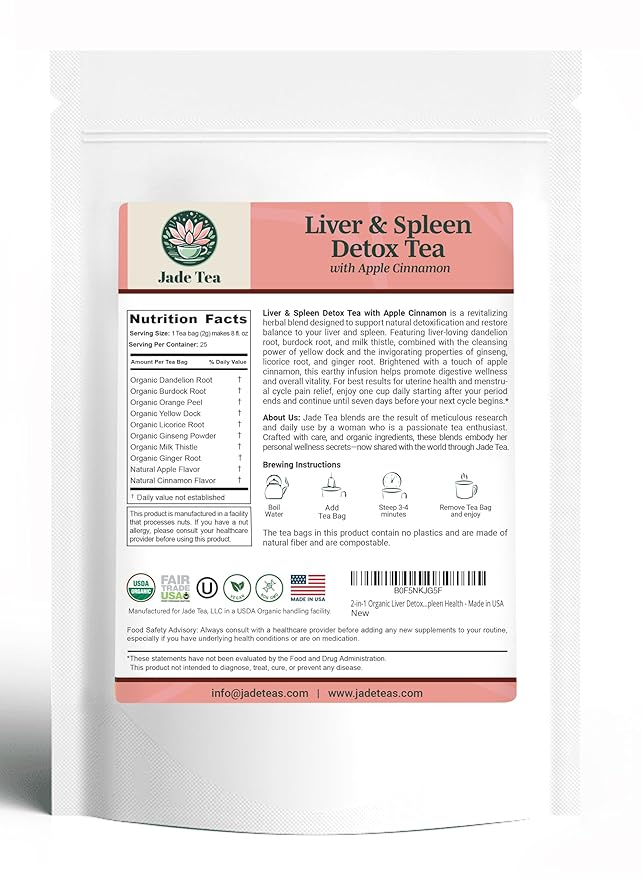 Jade Tea - Organic Liver & Spleen Herbal Tea - Organic Dandelion Root Tea, Burdock Root, Ginger Root & Orange Peel - Apple Cinnamon Flavor