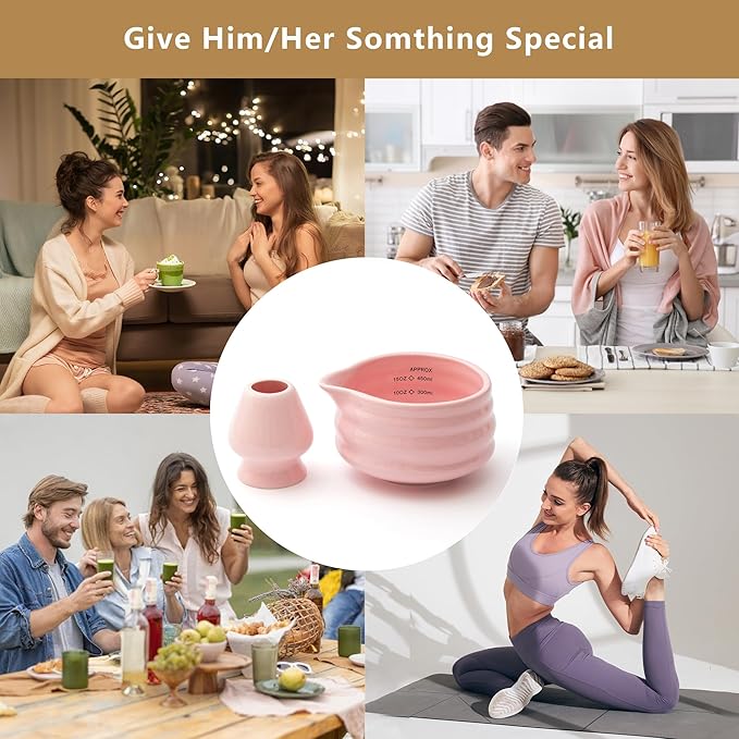 2pcs Matcha Bowl with Whisk Holder, Ceramic Pink Matcha Bowl with Spout, 16.5OZ Porcelain Bowl with Measurement Marks