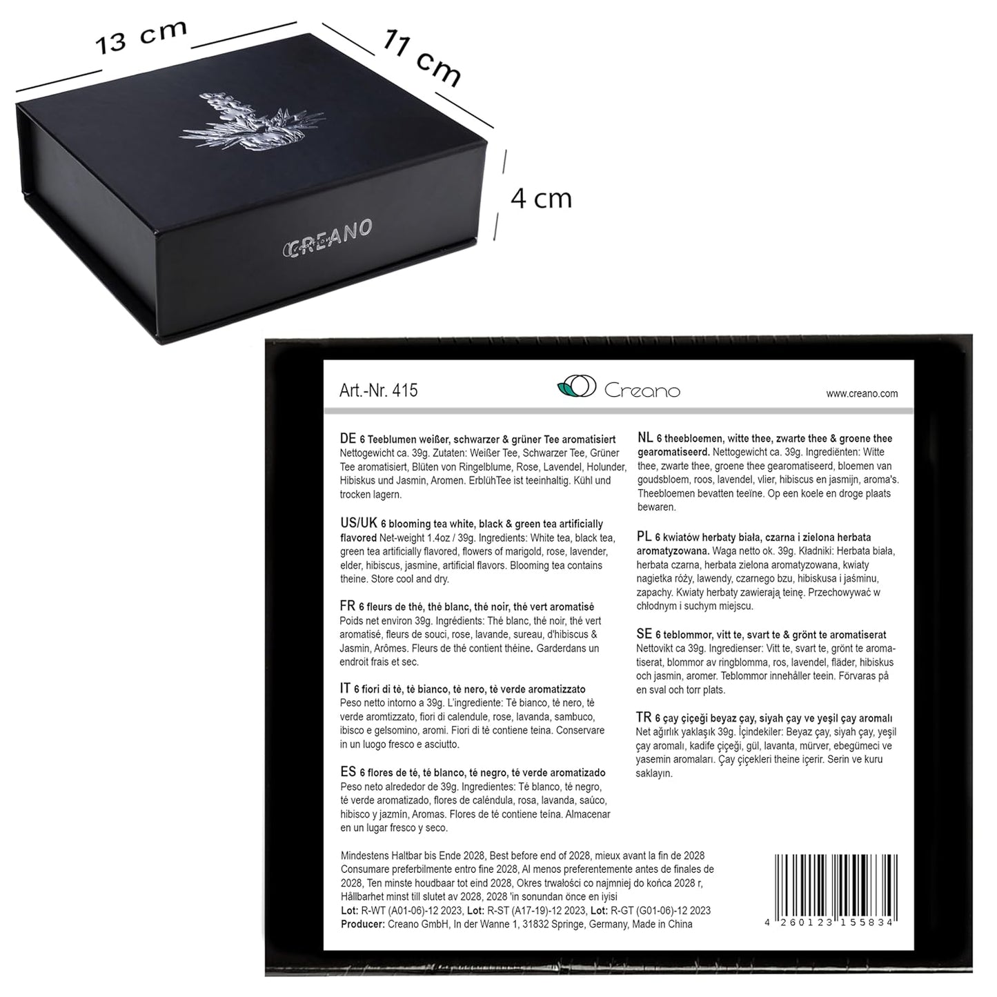 Creano Tea Flowers Mix 6pcs Set Blooming Tea, Green Tea, White Tea & Black Tea in Elegant Magnetic Box with Silver Embossing
