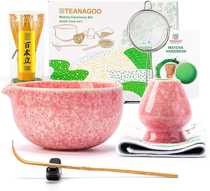 TEANAGOO Matcha Whisk Set,7 Pcs Matcha Set Pink,Ceremony Matcha Kit,Matcha Tea Set for Making Latte,