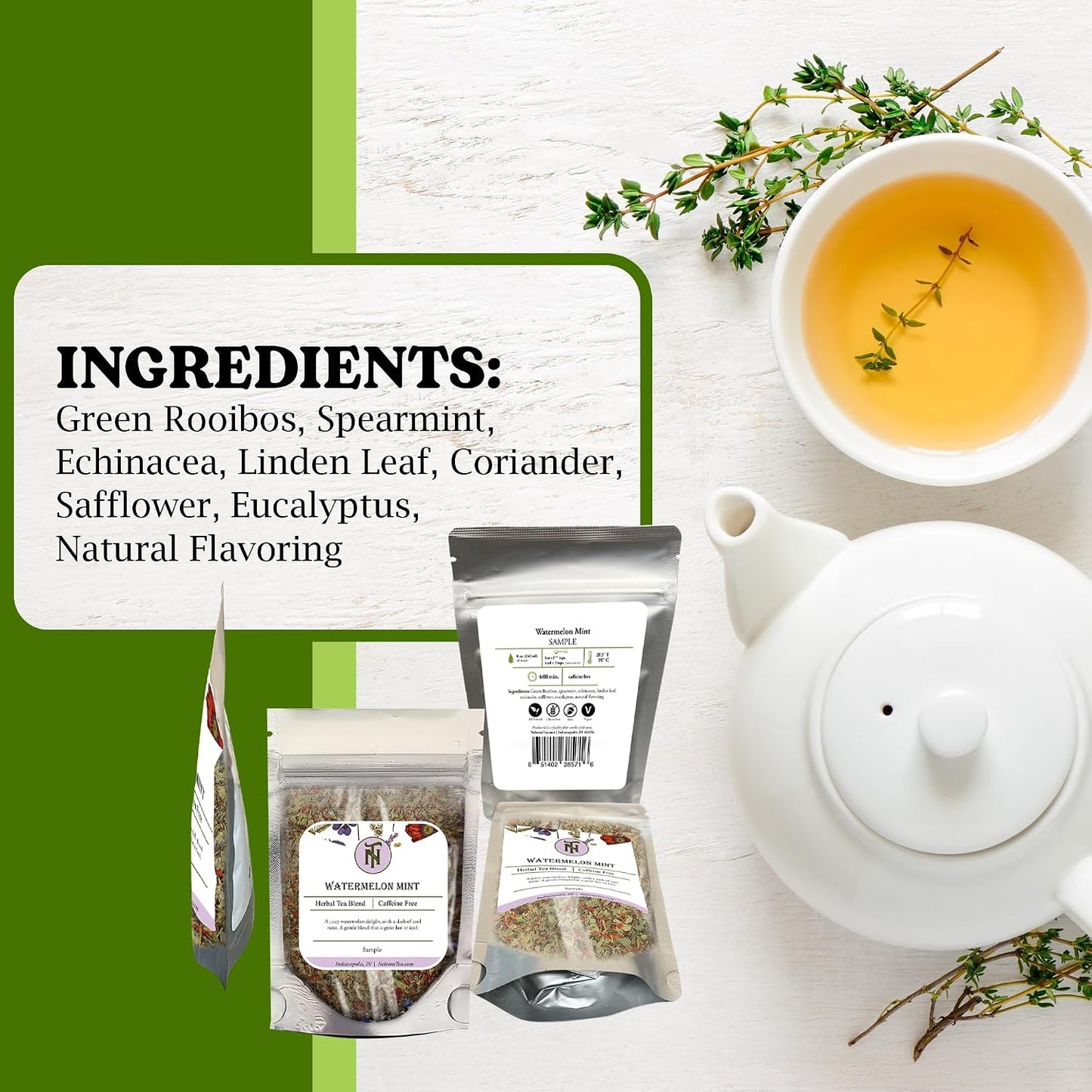 Nelson's Tea Watermelon Mint Green Rooibos Loose Leaf Tea, Sample 0.4 Oz | Echinacea • Caffeine Free • Tea • Rooibos • Caffeine Free Loose Leaf Tea • Watermelon • Mint