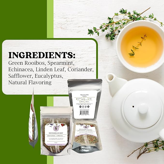Nelson's Tea Watermelon Mint Tea Loose Leaf - Caffeine Free Green Rooibos Tea with Spearmint, Echinacea, Linden Leaf, Coriander