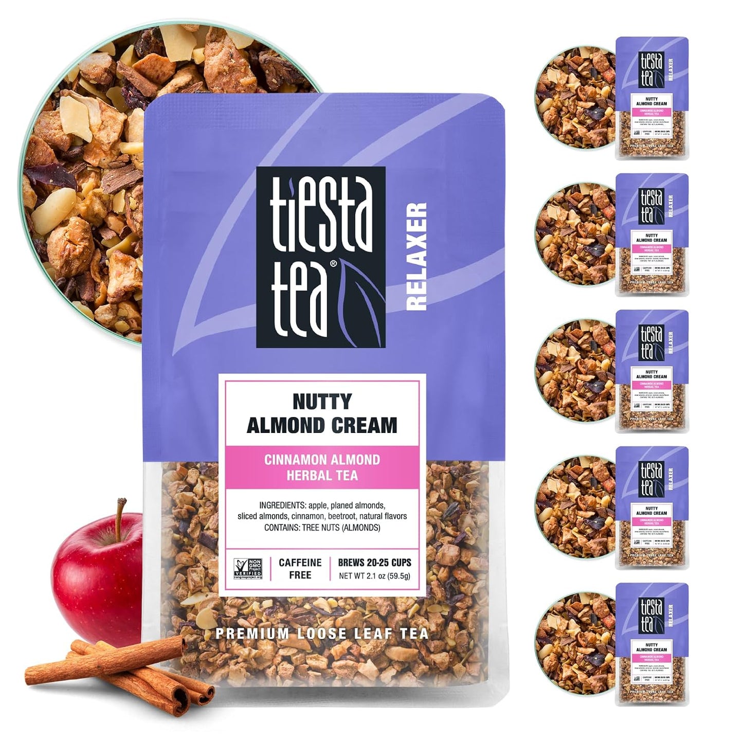 Tiesta Tea - Nutty Almond Cream, Loose Leaf, Cinnamon Almond Herbal Tea | Premium Non-Caffeinated Blend, Make Hot or Iced &amp; Brews Up to 25 Cups, 12.6oz Resealable Pouch, Pack of 6