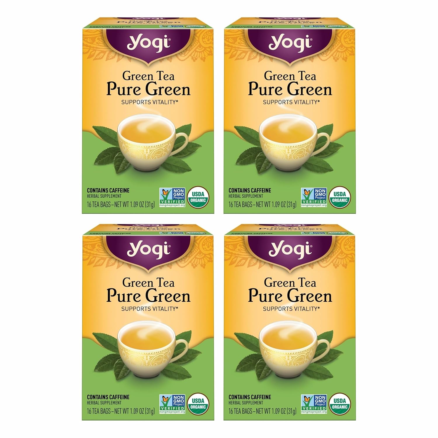Yogi Tea Pure Green Tea - 16 Bags per Pack (4 Packs) - Organic - Supports Overall Health & Provides Antioxidants