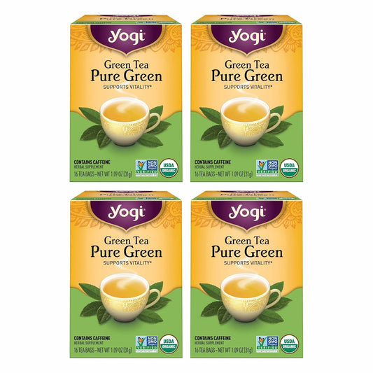 Yogi Tea Pure Green Tea - 16 Bags per Pack (4 Packs) - Organic - Supports Overall Health & Provides Antioxidants