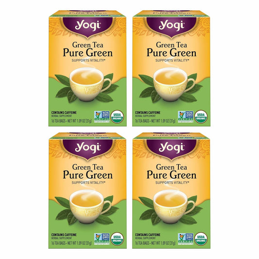 Yogi Tea Pure Green Tea - 16 Bags per Pack (4 Packs) - Organic - Supports Overall Health & Provides Antioxidants