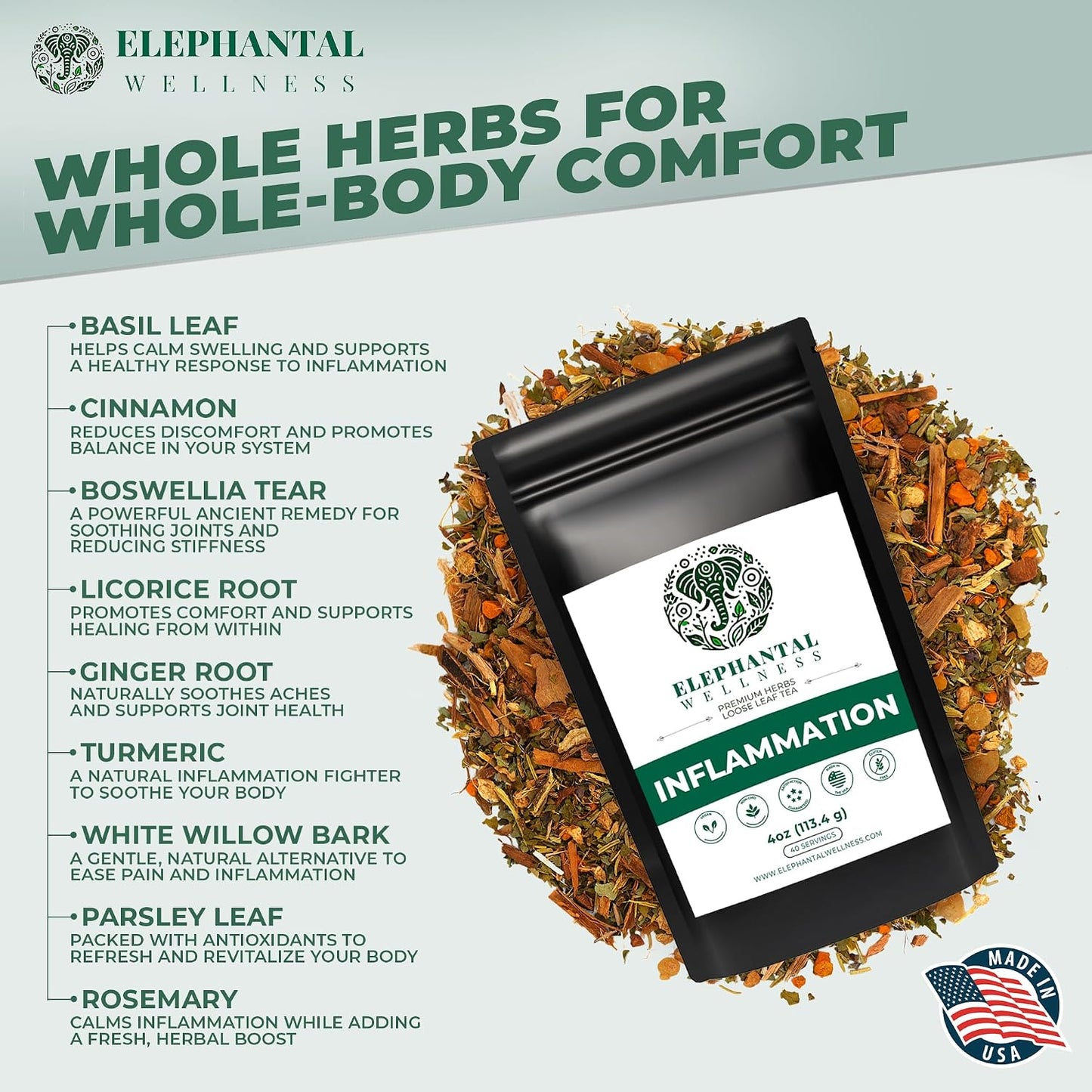 Elephantal Wellness Premium Inflammation Herbal Tea | Comfort &amp; Mobility Blend with Turmeric, Boswellia, White Willow Bark &amp; Ginger | Handmade, Non-GMO, Caffeine-Free Loose Leaf, 4oz, 40 Servings