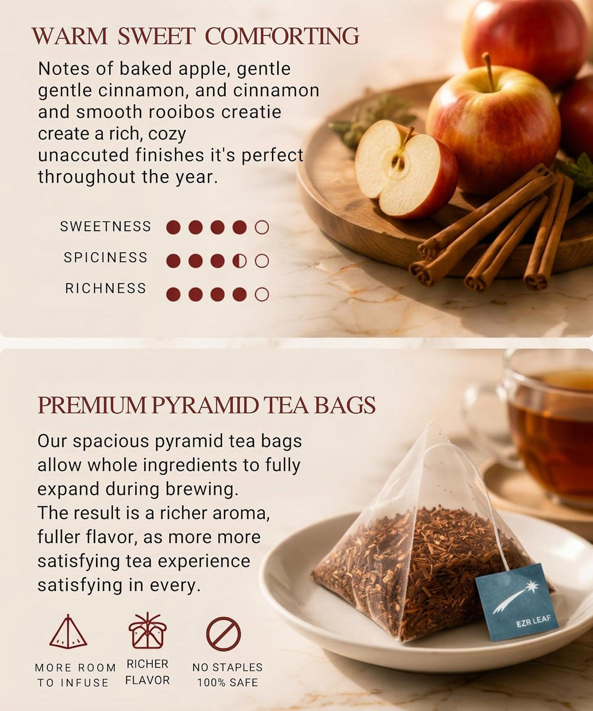 EZR Leaf Apple Cinnamon Rooibos Tea Caffeine Free Decaf Herbal Tea, 20 counts 2.1 Once Pyramid Tea Bags, Naturally Sweet, Relaxing Sleep Blend
