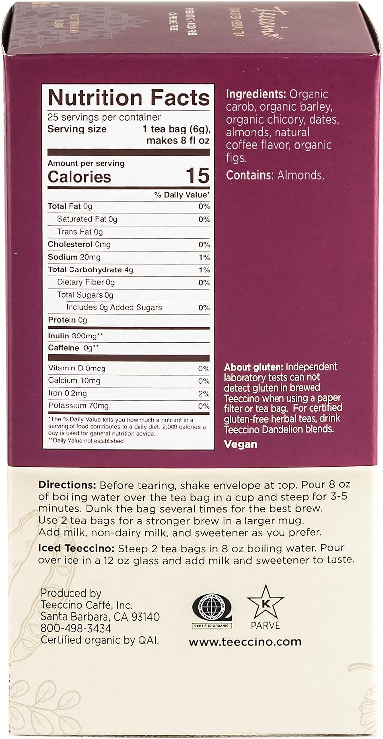 Teeccino Java Herbal Tea - Rich &amp; Roasted Herbal Tea That’s Caffeine Free &amp; Prebiotic for Natural Energy, 25 Tea Bags
