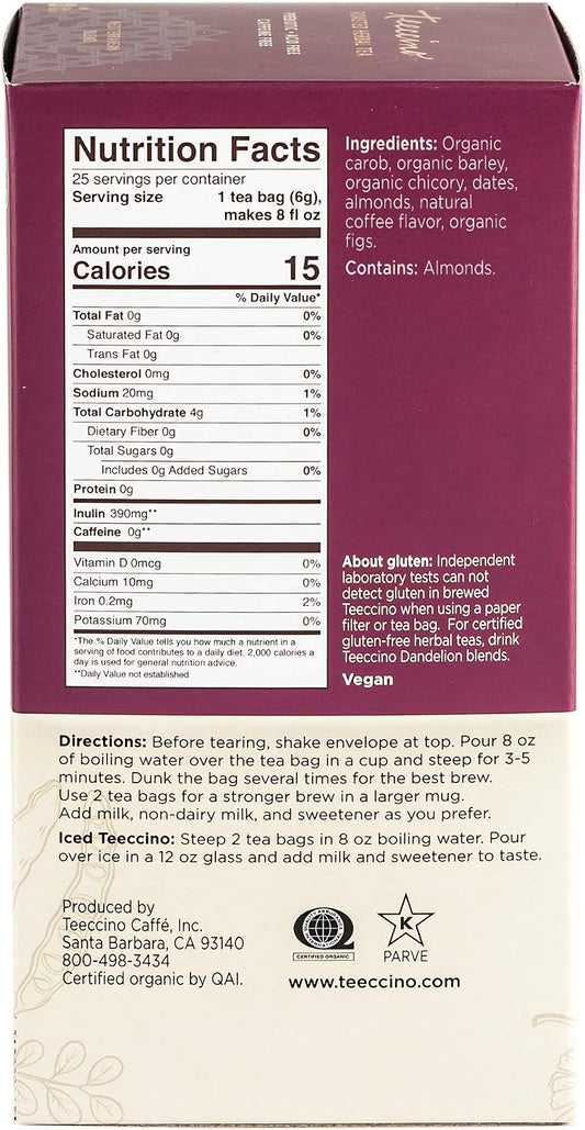Teeccino Java Herbal Tea - Rich & Roasted Herbal Tea That’s Caffeine Free & Prebiotic for Natural Energy