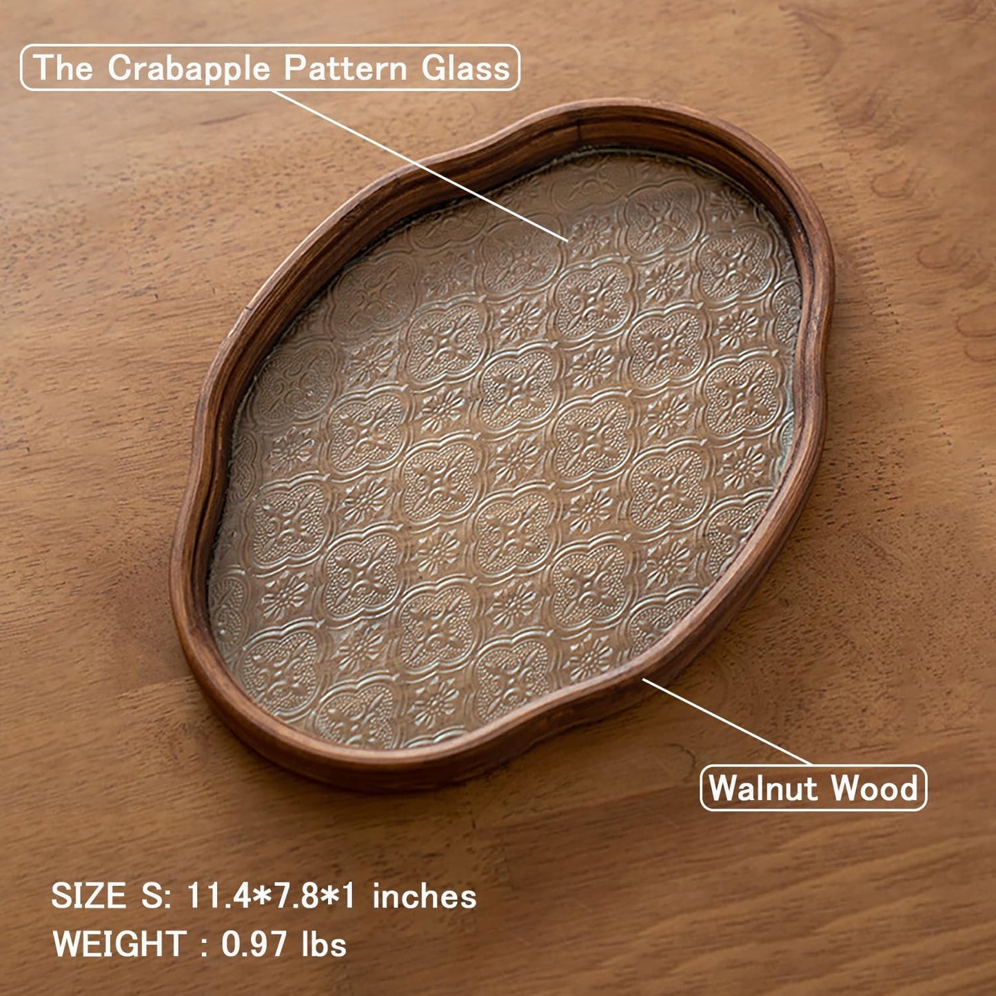 IwaiLoft Glass Serving Tray with The Crabapple Pattern Glass and Walnut for Kitchen Countertop Home Decor for Coffee Table, Also Suitable for Tea Coffee Decorative Trays (Clear,11.4" x 7.8" x 1")