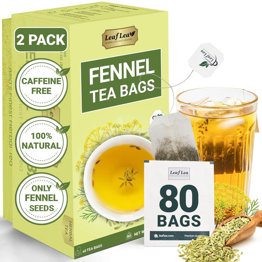 LeafLea Fennel Seed Tea Bags, Pure Herbal Fennel Tea, 80 Count | Naturally Sweet Digestive Herbal Tea, Individually Foil-Wrapped, 80 Bags · 2 Boxes, Caffeine-Free, Sugar-Free