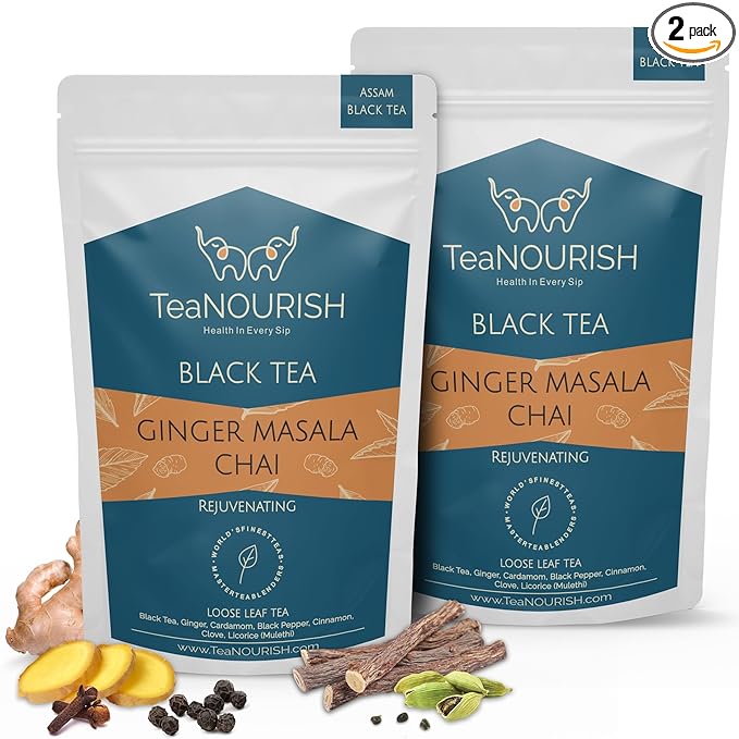 TeaNOURISH Ginger Masala Chai Tea, Assam CTC Loose Black Tea, Blended with Authentic Indian Spices, Indian Ginger Tea, 100% Natural Ingredients