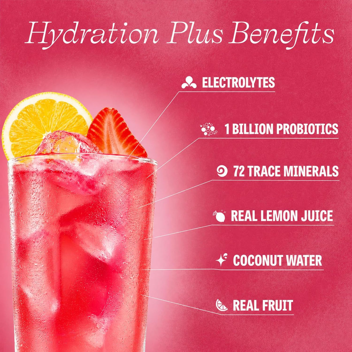 Clevr Strawberry Lemonade GLP-1 Friendly Electrolytes Hydration Drink Mix – No Added Sugar – Coconut Water with Strawberry &amp; Lemon Juice, Trace Minerals &amp; Gut Supporting Probiotics – Caffeine-Free SuperTea – 18 Servings